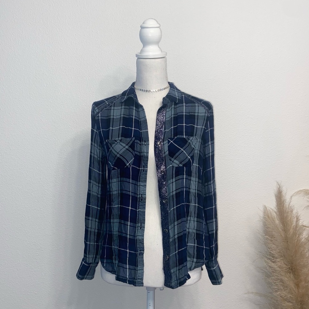 Rock & Republic XS plaid button down shirt with sparkle piping dress up casual